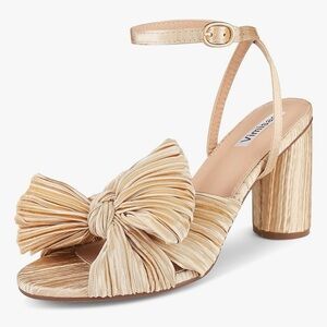 Gold  Bow Ankle-Strap Block Heel Sandal 8.5